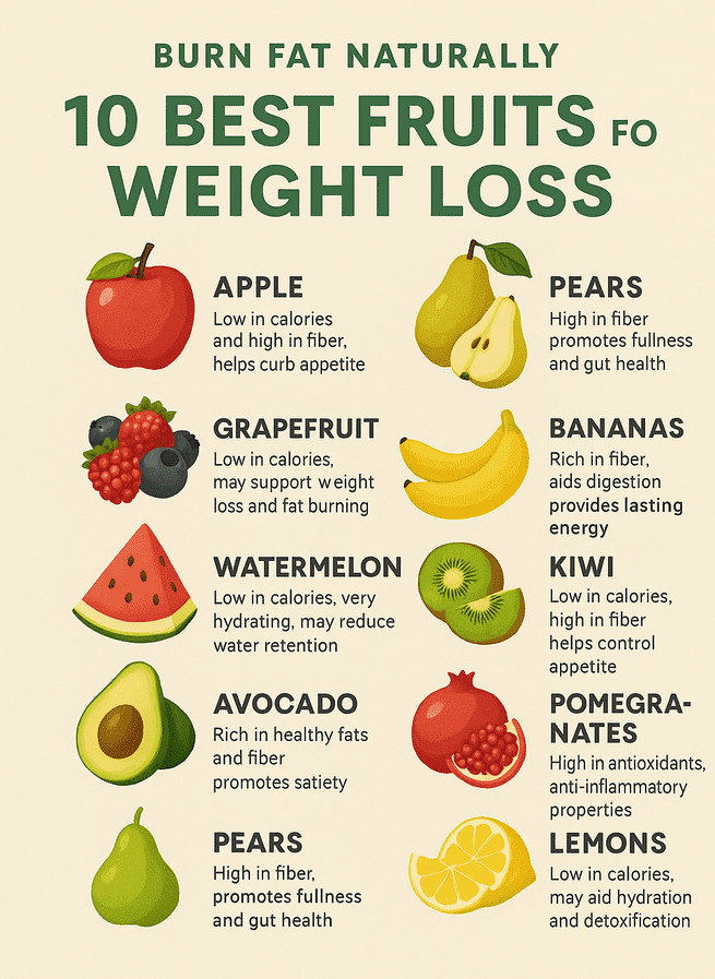 Infographic listing 10 fruits that support natural weight loss through fiber, hydration, and nutrients.